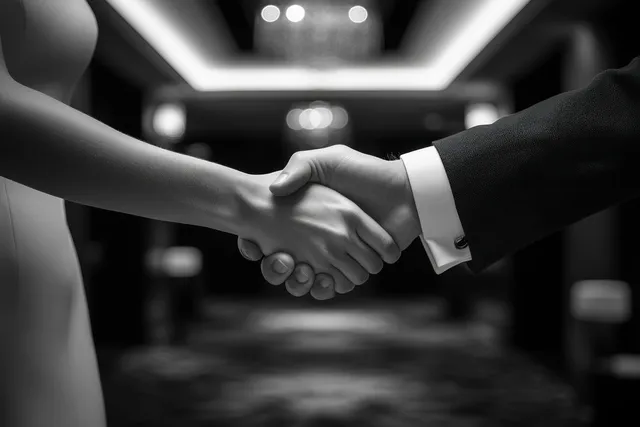 Indian businesswoman and suited executive handshake across an office desk during a client deal meeting.