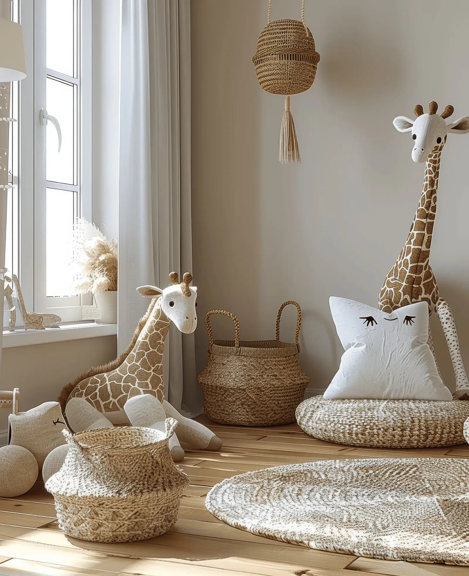 Minimalist nursery corner with wooden toys and woven baskets near pillows and a sunlit window on beige walls.