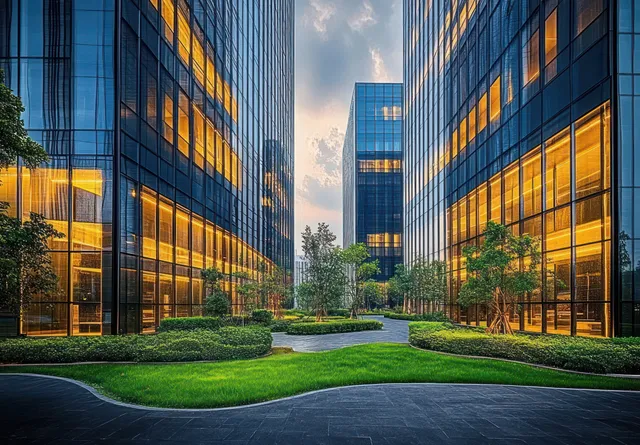 Two modern glass office towers surround a landscaped courtyard with lit windows, green grass, and trees under cloudy evening light.