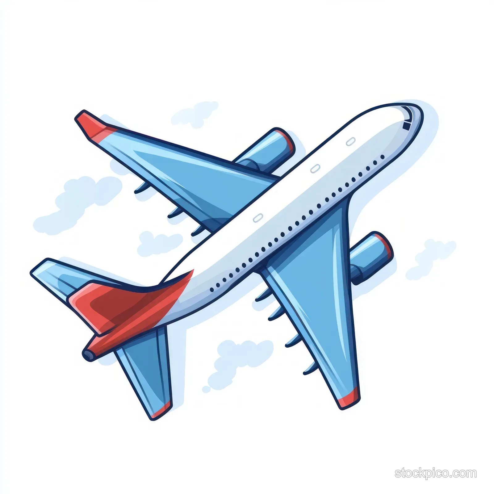 A commercial jet airplane with red tail and wingtip accents flies through partly cloudy blue sky.