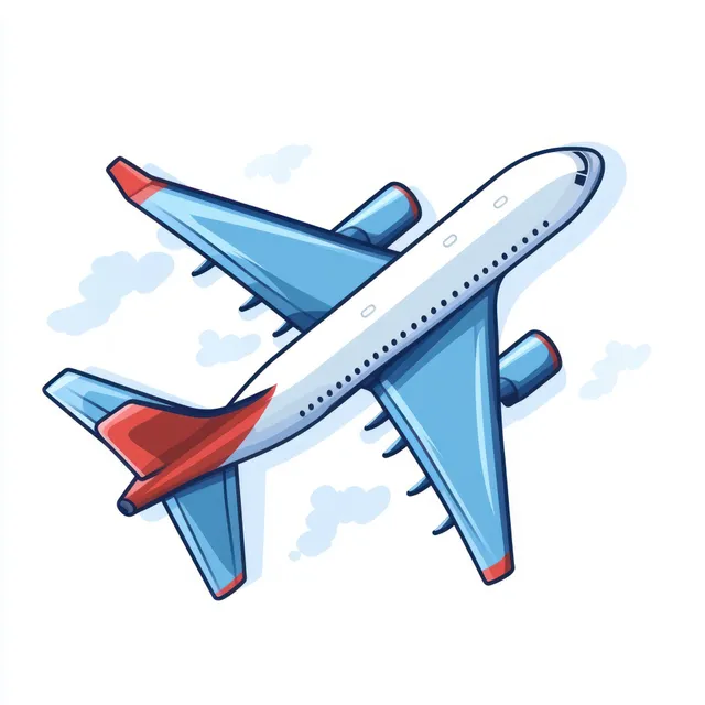 A commercial jet airplane with red tail and wingtip accents flies through partly cloudy blue sky.
