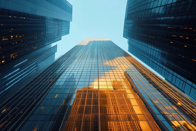 Low-angle view between reflective glass skyscrapers with golden building reflections under a clear blue sky.