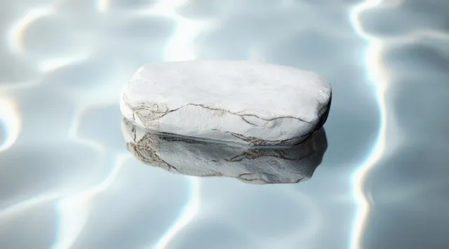 White stone on reflective water with luminous underwater caustic light patterns spreading across the surface.
