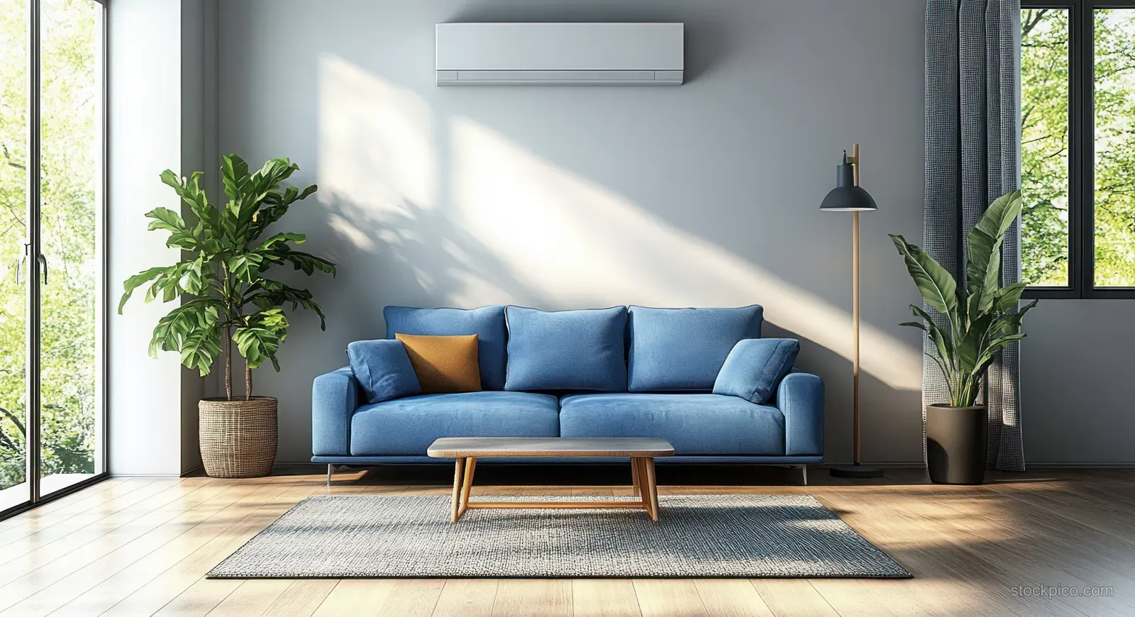 Minimalist blue sofa centered in a bright living room with a striped rug, floor lamp, curtains, and potted plants.