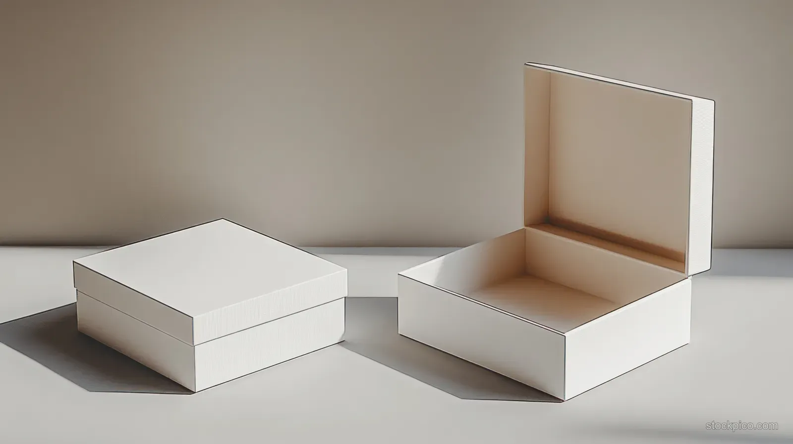 Two white square boxes sit on a plain surface, one open and one closed, with soft shadows.