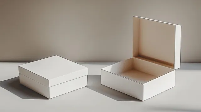 Two white square boxes sit on a plain surface, one open and one closed, with soft shadows.
