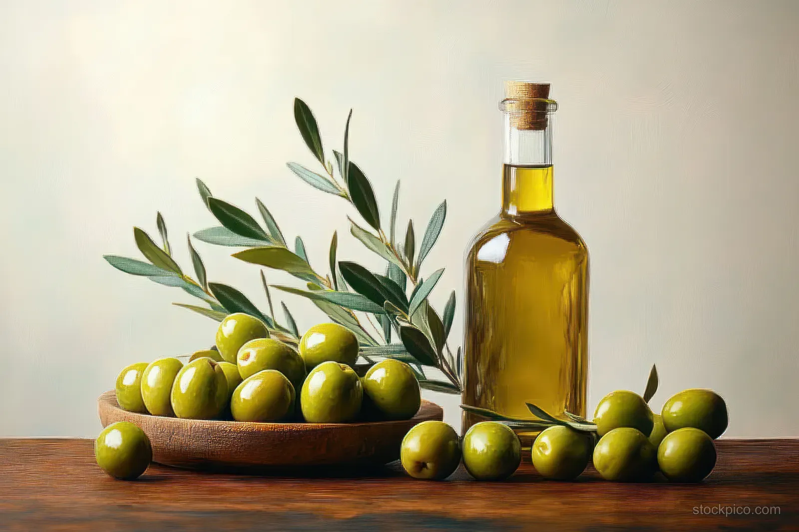 Green olives with olive branches in a wooden bowl next to a glass bottle of olive oil on a wooden surface.