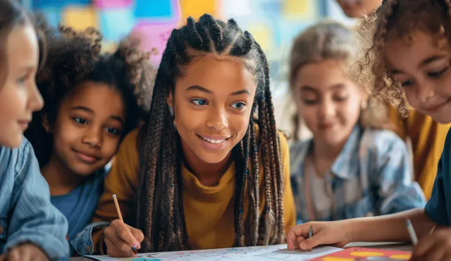 Diverse elementary students drawing at desks while a teacher monitors their art project
