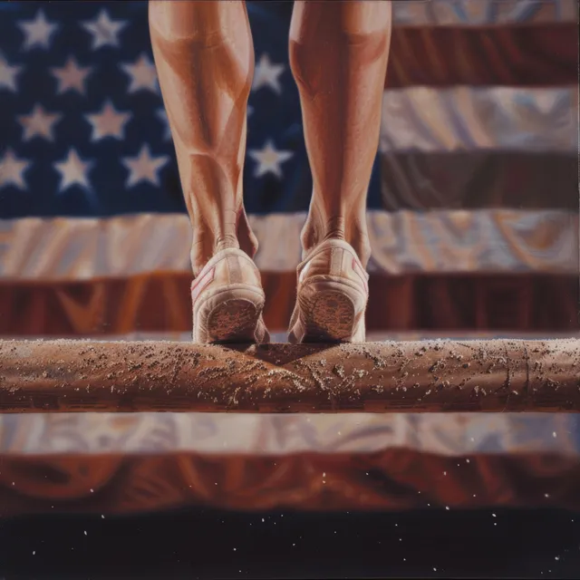 Close-up of a gymnast’s feet standing on a textured balance beam with an American flag backdrop.