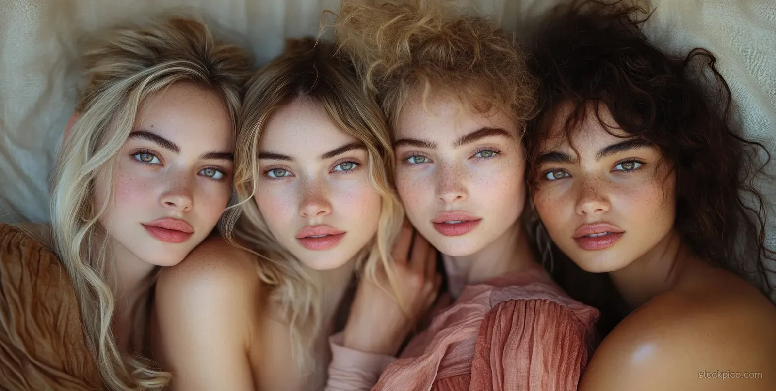 Four women embrace closely indoors with soft natural light, arms around shoulders in a unified group portrait.