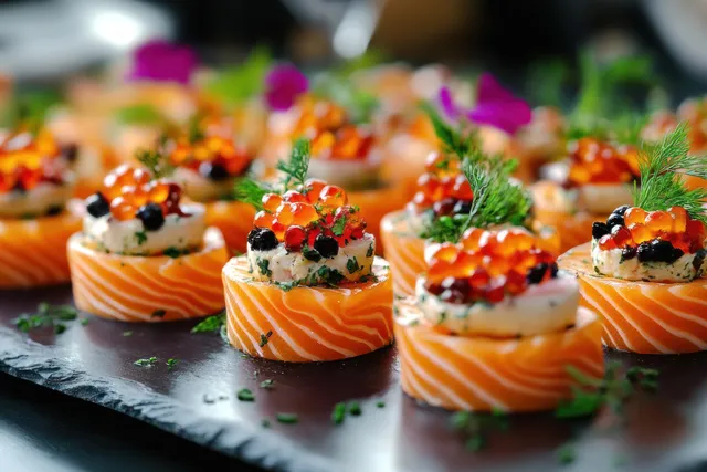 Close-up salmon rolls with creamy filling, orange roe and dill on slate serving board