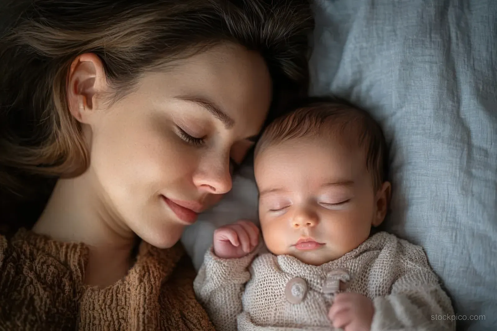 A mother gently cuddles a sleeping newborn lying on a bed with soft linens and knitted clothing.