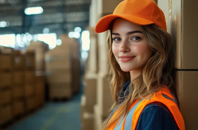 A smiling young logistics worker in an orange safety vest leans against stacked cardboard boxes in a warehouse hallway.
