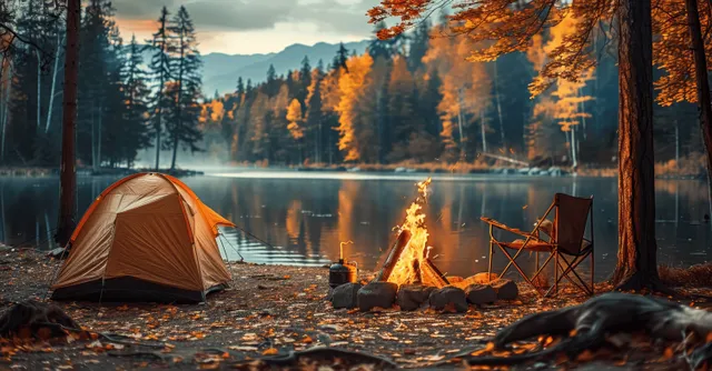 Campfire crackling beside tent near lake at autumn dusk, warm flames reflecting on water
