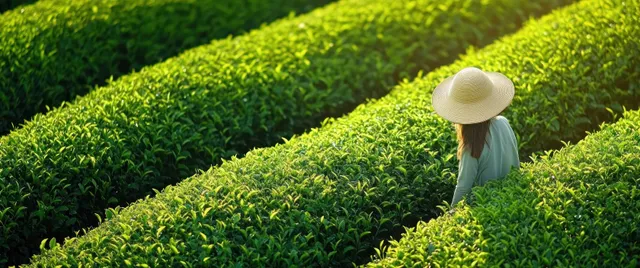 A farmer in a straw hat walks between tightly trimmed tea bushes in bright sunlight.