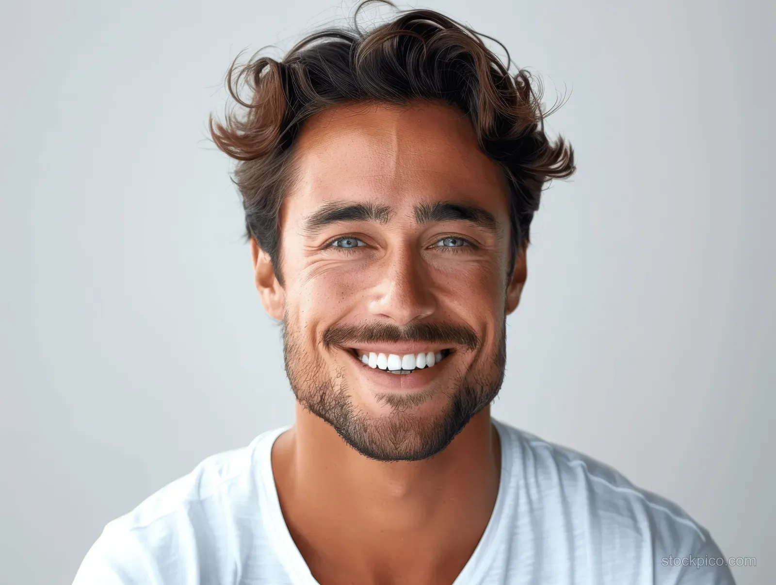 Smiling bearded man in a white shirt closeup portrait against a plain white studio background.