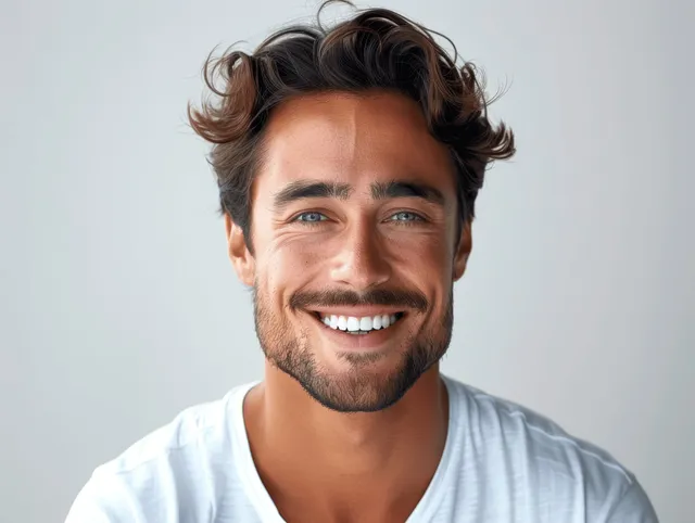 Smiling bearded man in white shirt closeup portrait against clean studio white background