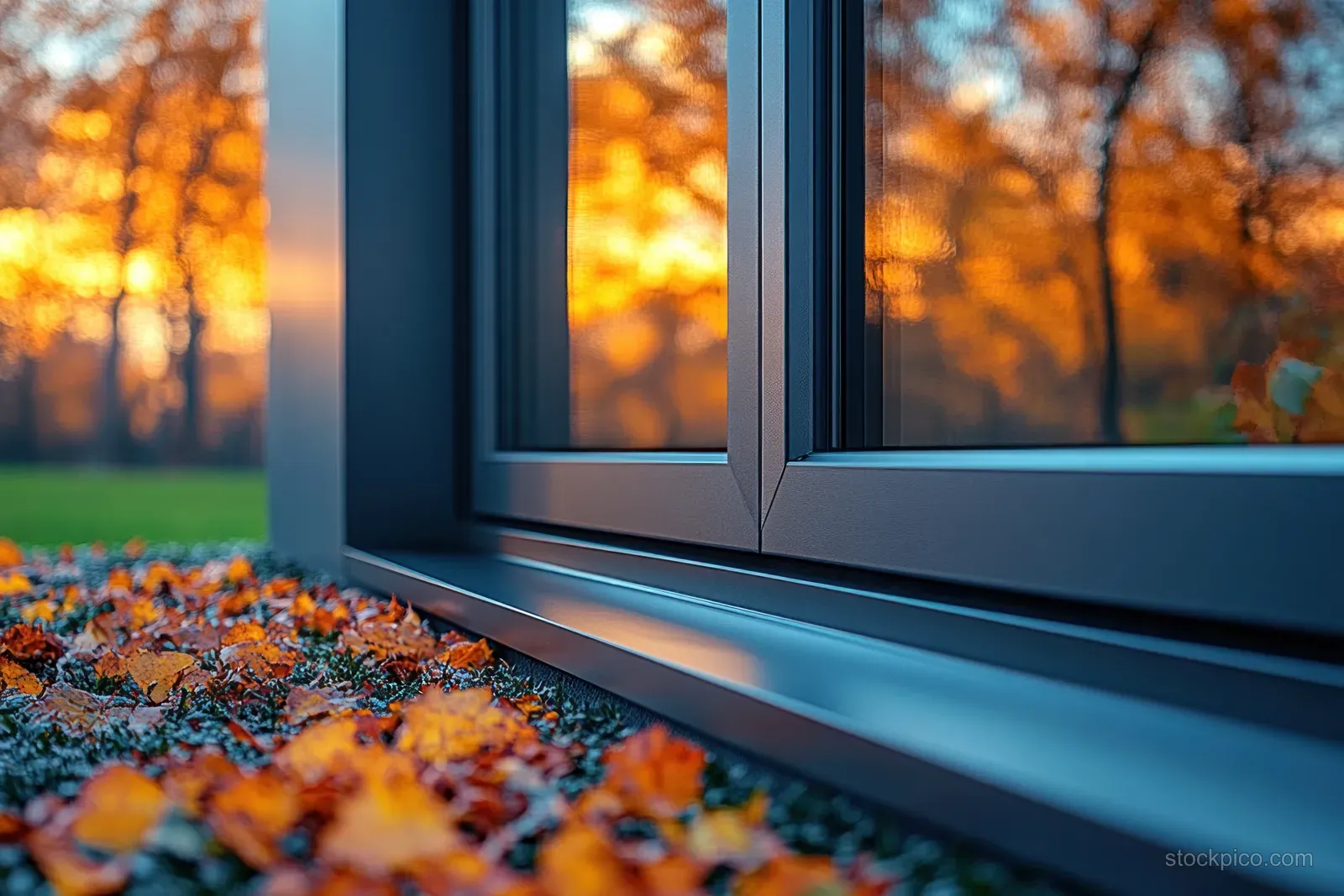 Close-up of an aluminum window frame with tempered glass and insect wire screen beside autumn leaves.