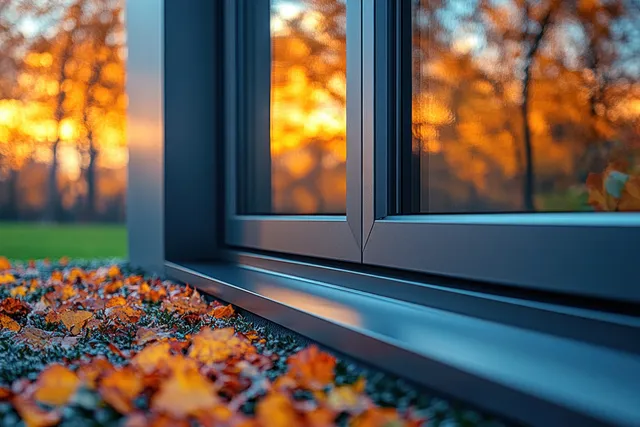 Close-up of an aluminum window frame with tempered glass and insect wire screen beside autumn leaves.