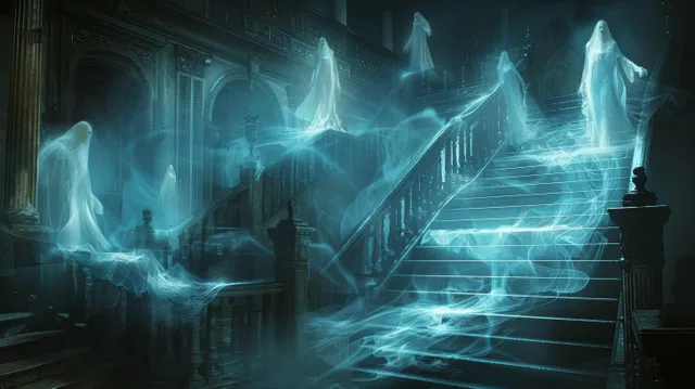 Transparent ghost figures hover on a dark mansion staircase with teal glowing light trails.