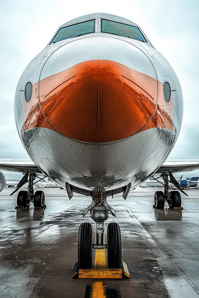 Front view of a commercial jet on a wet airport runway with landing gear and rain-slick reflections under cloudy sky.