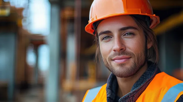 Smiling female construction worker adjusts orange hard hat on a scaffolding job site