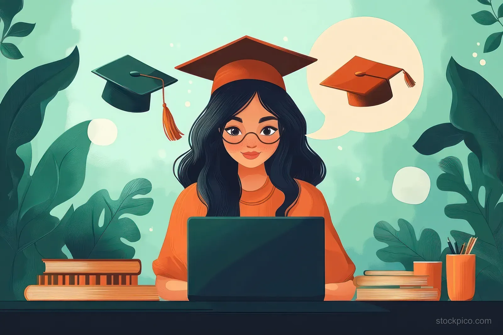 Student in an academic cap works on a laptop at a desk with books and potted plants as graduation-cap icons float overhead.