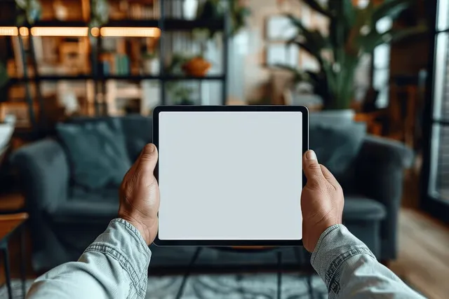 A man reclines on a sofa holding a tablet showing a blank screen in a home office.