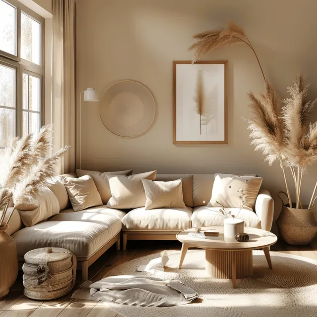 Beige Scandinavian living room with sofa, wooden coffee table, pampas grass decor, and sunlit windows.