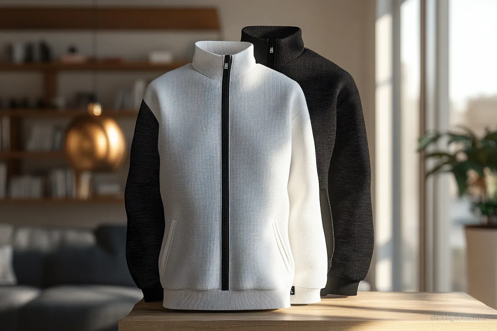Front view of two zip-up sweaters, one black and one white, with knit texture and soft shadows.