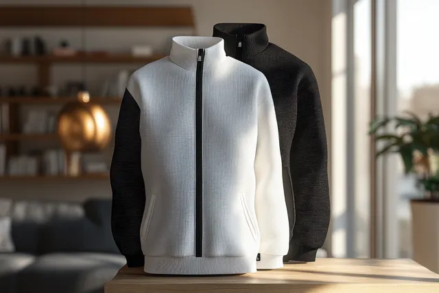 Front view of two zip-up sweaters, one black and one white, with knit texture and soft shadows.