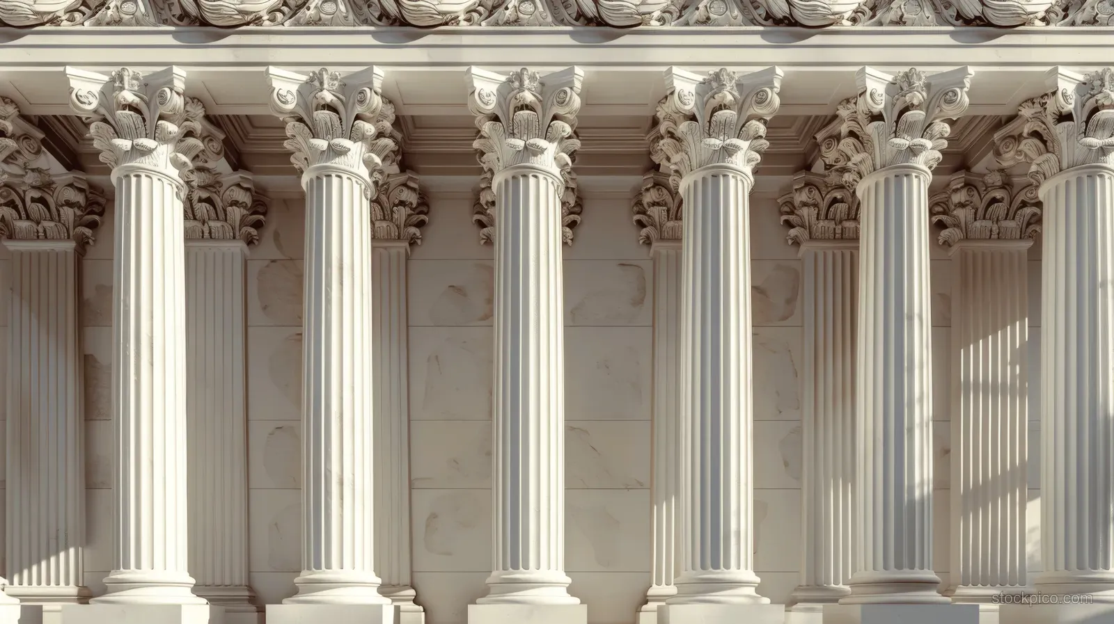 Close-up of white marble Greek colonnade pillars with carved capitals and fluted columns under sunlight.