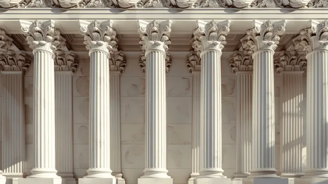 Close-up of white marble Greek colonnade pillars with carved capitals and fluted columns under sunlight.