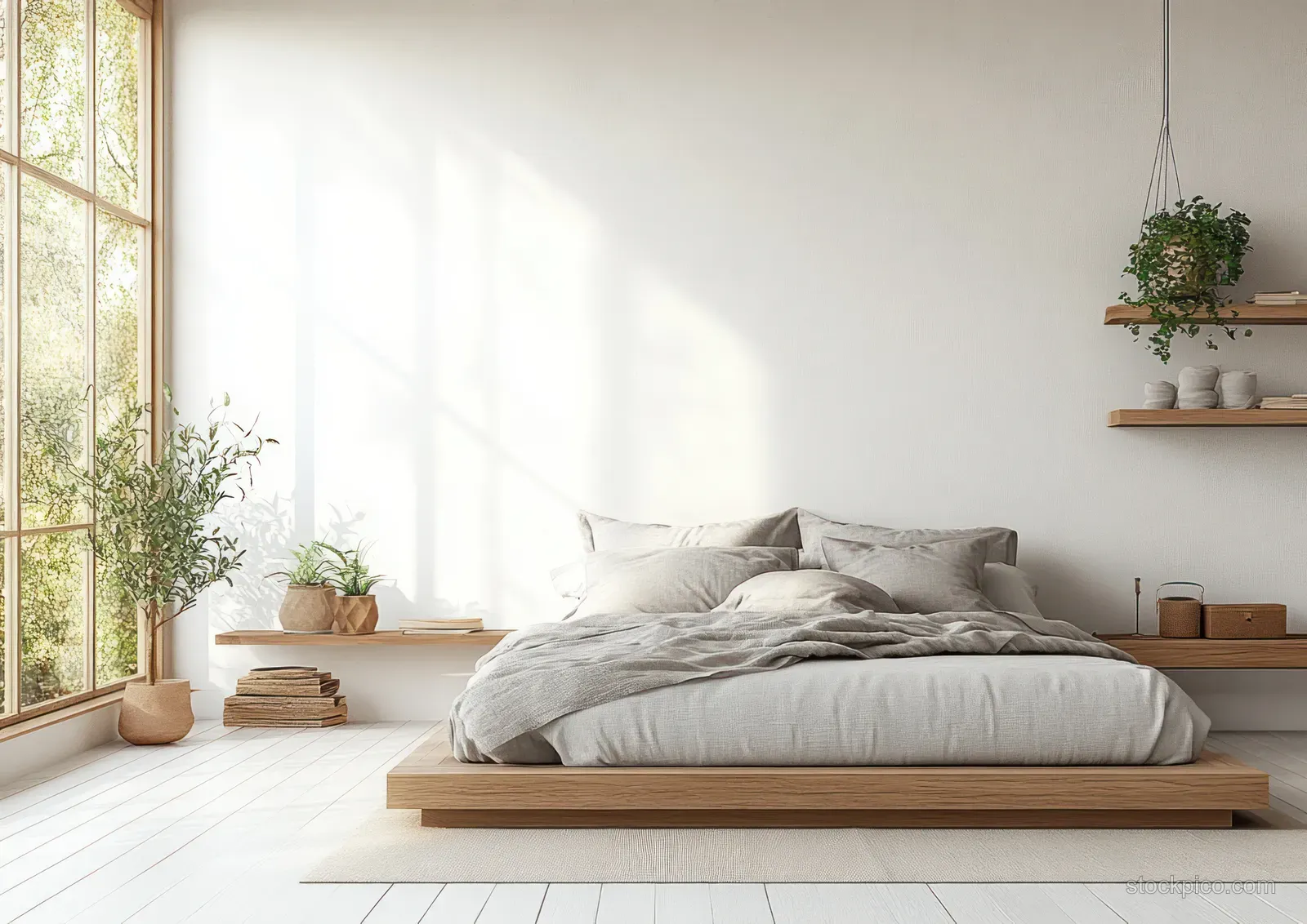 Gray bed with soft pillows sits in a minimalist bedroom, lit by morning sunlight and framed by potted plants on shelves.