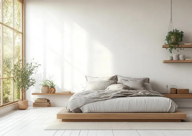 Minimalist Scandinavian bedroom with gray bedding, morning light, and potted plants on shelves