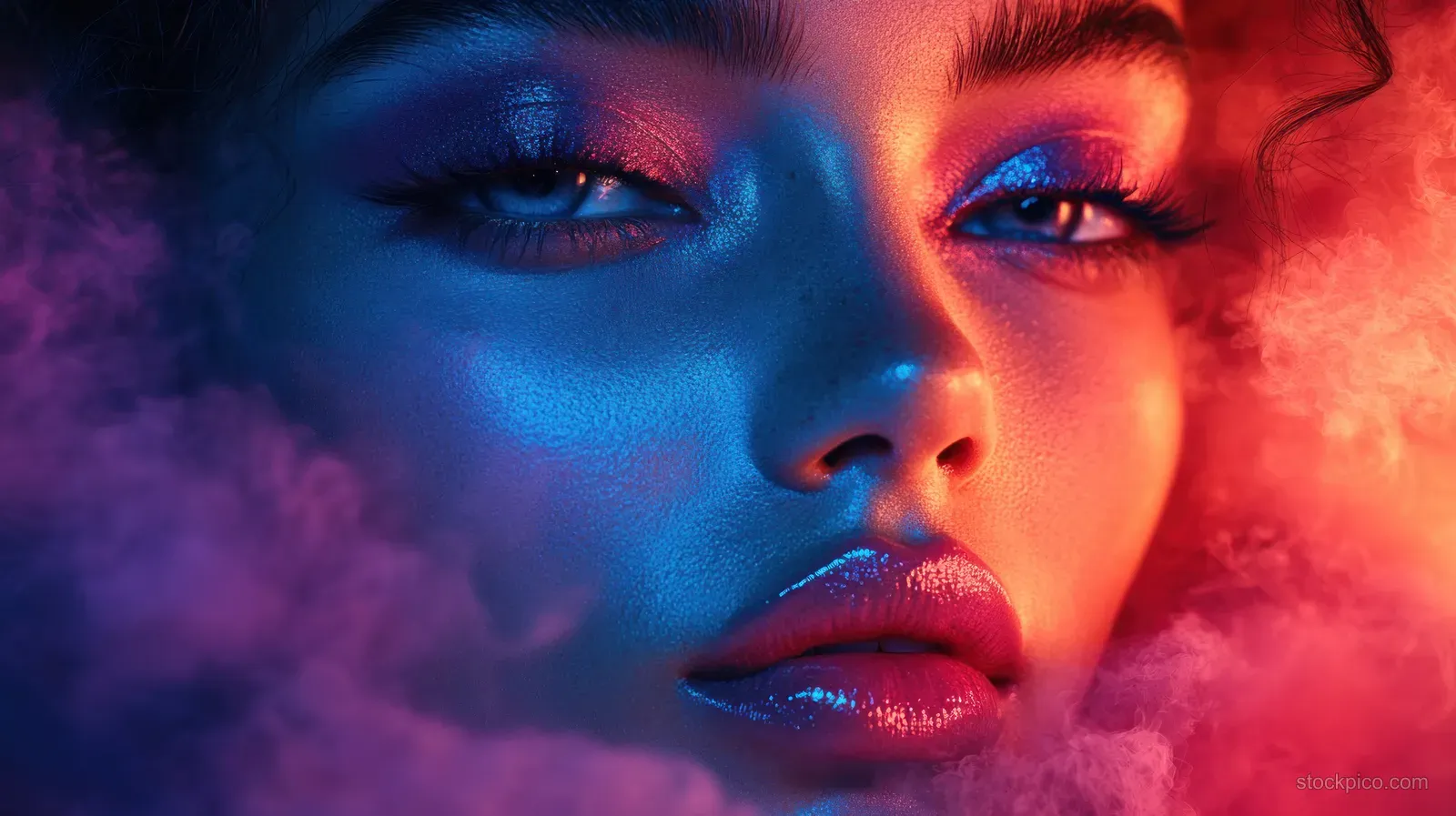 Close-up portrait of a woman with pink and blue eye makeup and glossy lips.