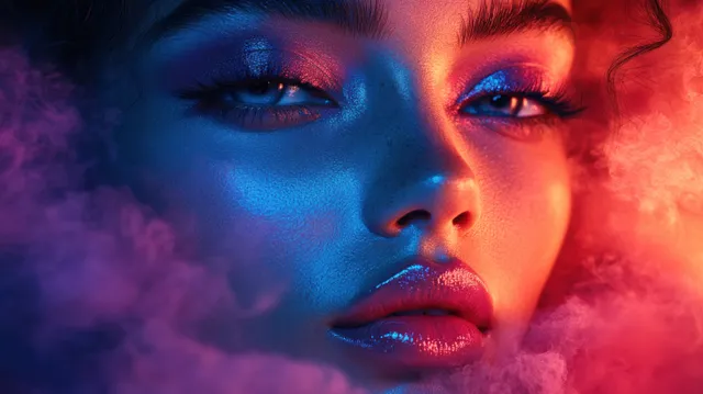 Portrait of Woman with Bright Pink and Blue Eye Makeup