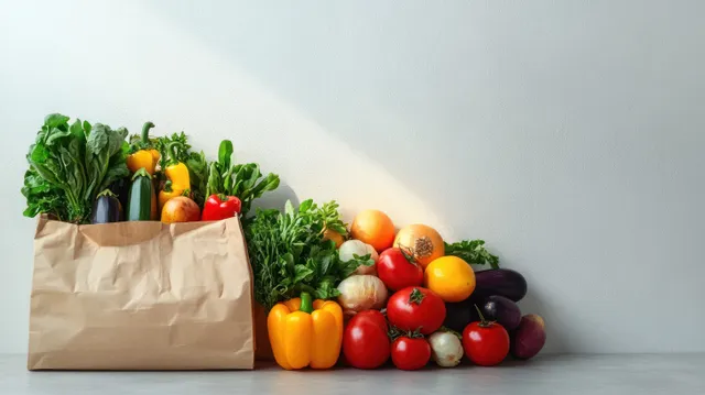 Brown paper grocery bag overflowing with colorful vegetables and fruits on a gray surface against a white wall.