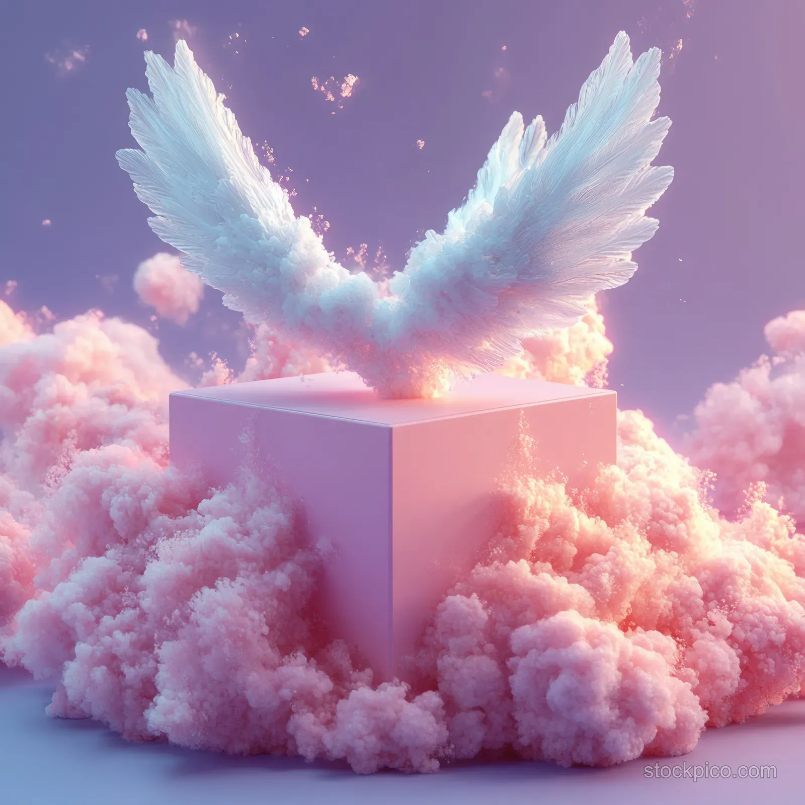 A pink winged cardboard box flies above fluffy clouds with soft glowing light behind it.