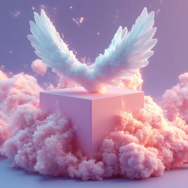 Winged cardboard box flying through pink clouds with glowing sky backdrop