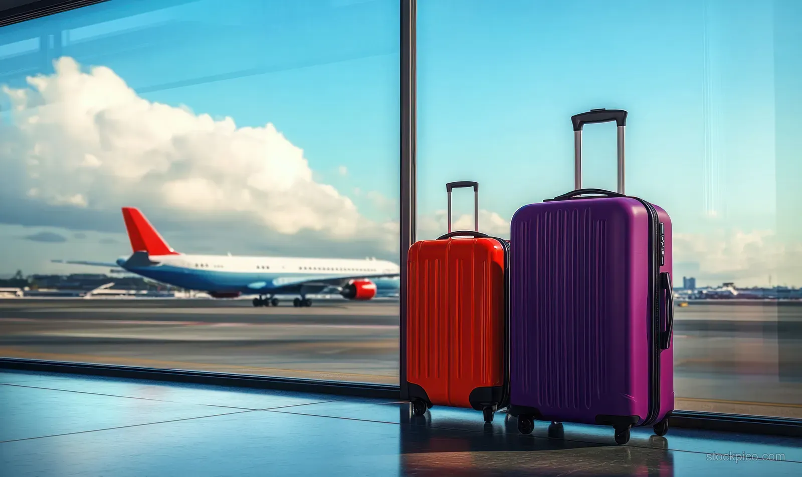 Red and purple suitcases sit near an airport window while a passenger jet waits on the runway outside.