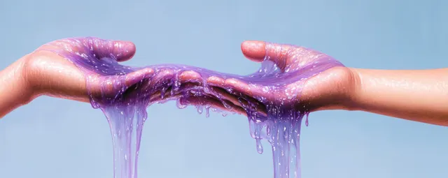 Open hands hold purple slime stretching and dripping on a smooth blue background.