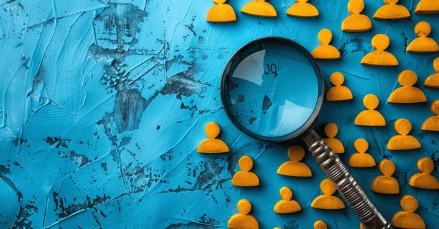 A magnifying glass emphasizes one yellow human icon among many on a blue textured background.