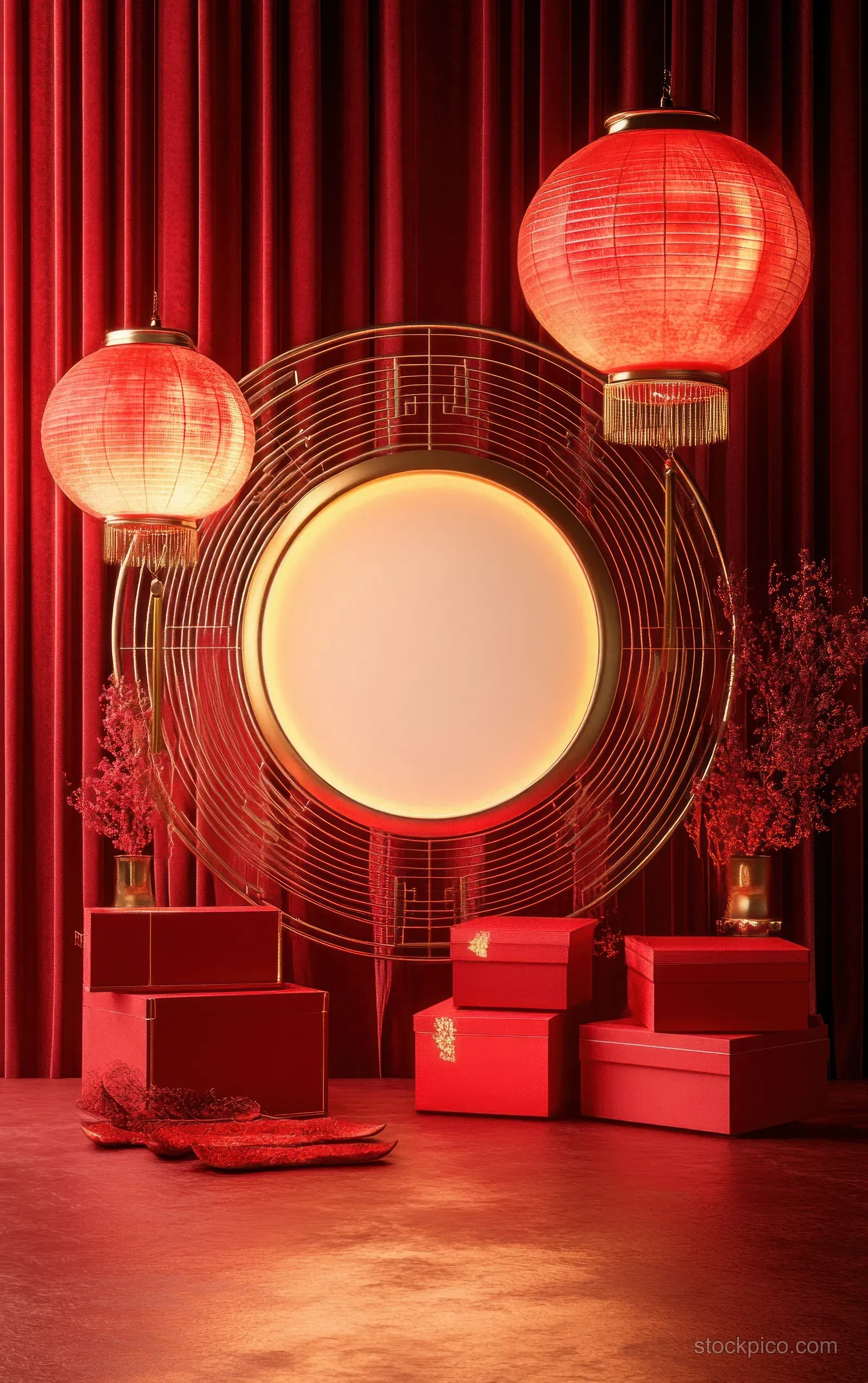 Glowing red lanterns and wrapped gift boxes sit inside a circular golden frame against red curtain drapery.