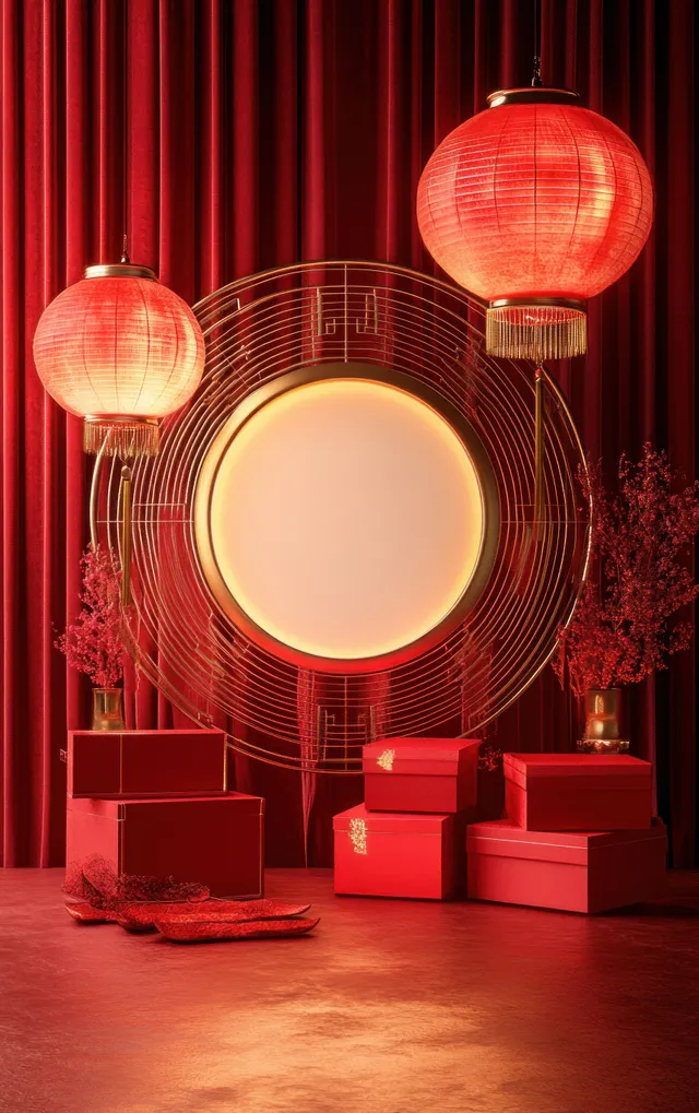Glowing red lanterns and wrapped gift boxes sit inside a circular golden frame against red curtain drapery.