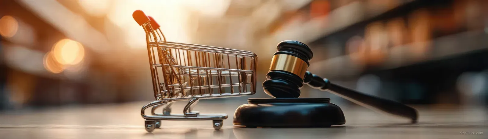 An empty shopping cart is placed beside a judge’s gavel on a wooden desk with warm blurred lights in the background.