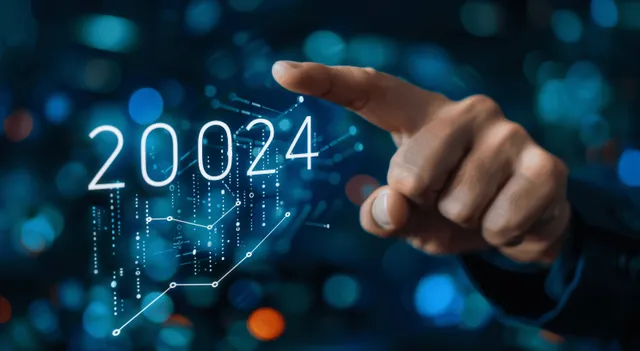 A hand points at glowing 2024 text over a digital network graph background with floating nodes.