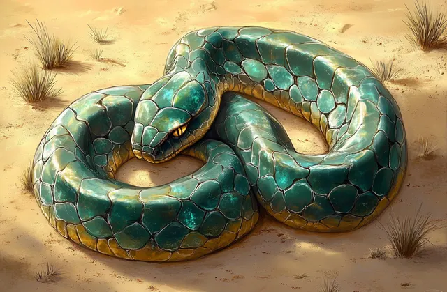 Coiled green and yellow scaled snake on sandy ground with sparse dry grass