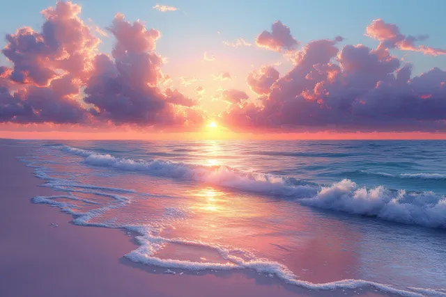 Sunset waves roll onto a sandy beach under glowing pastel clouds at horizon
