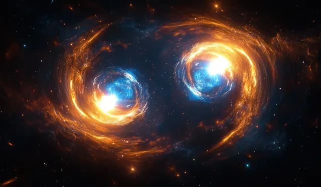 Two glowing orbs swirl inside a cosmic galaxy, casting bright energy trails across a dark space background.